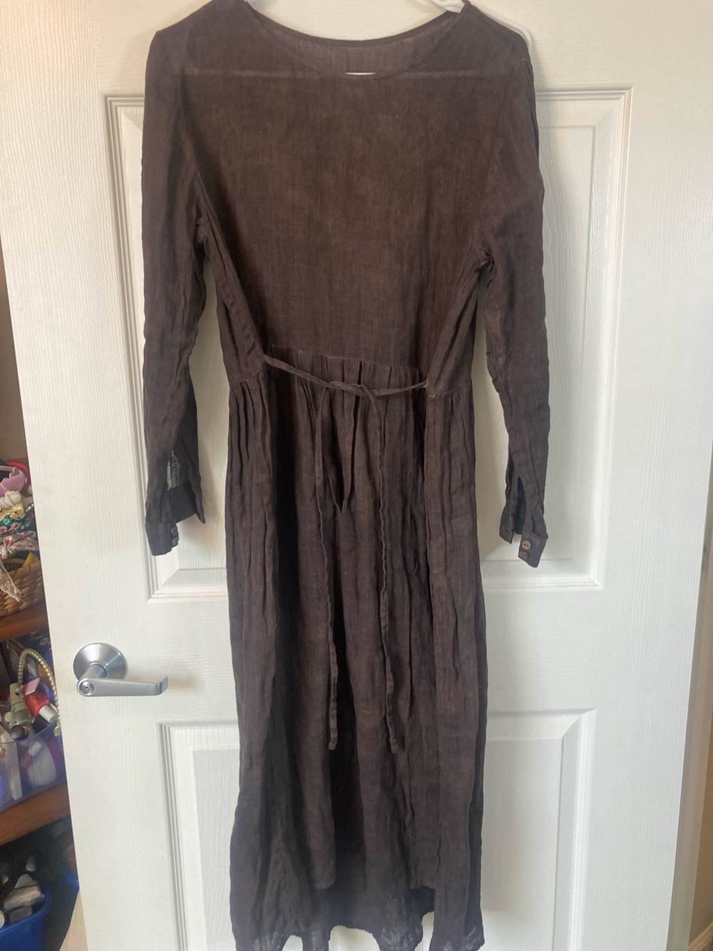 Kith Dark Brown Long Sleeve Tie-Waist Linen Maxi Dress